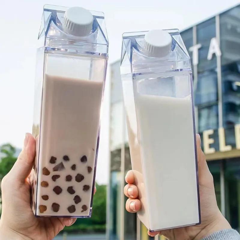 Plastic Clear Milk Carton Shaped Water Bottles 500ml Portable Drinking Sports Milk Cups Water Bottle With Lid Large Capacity YA017