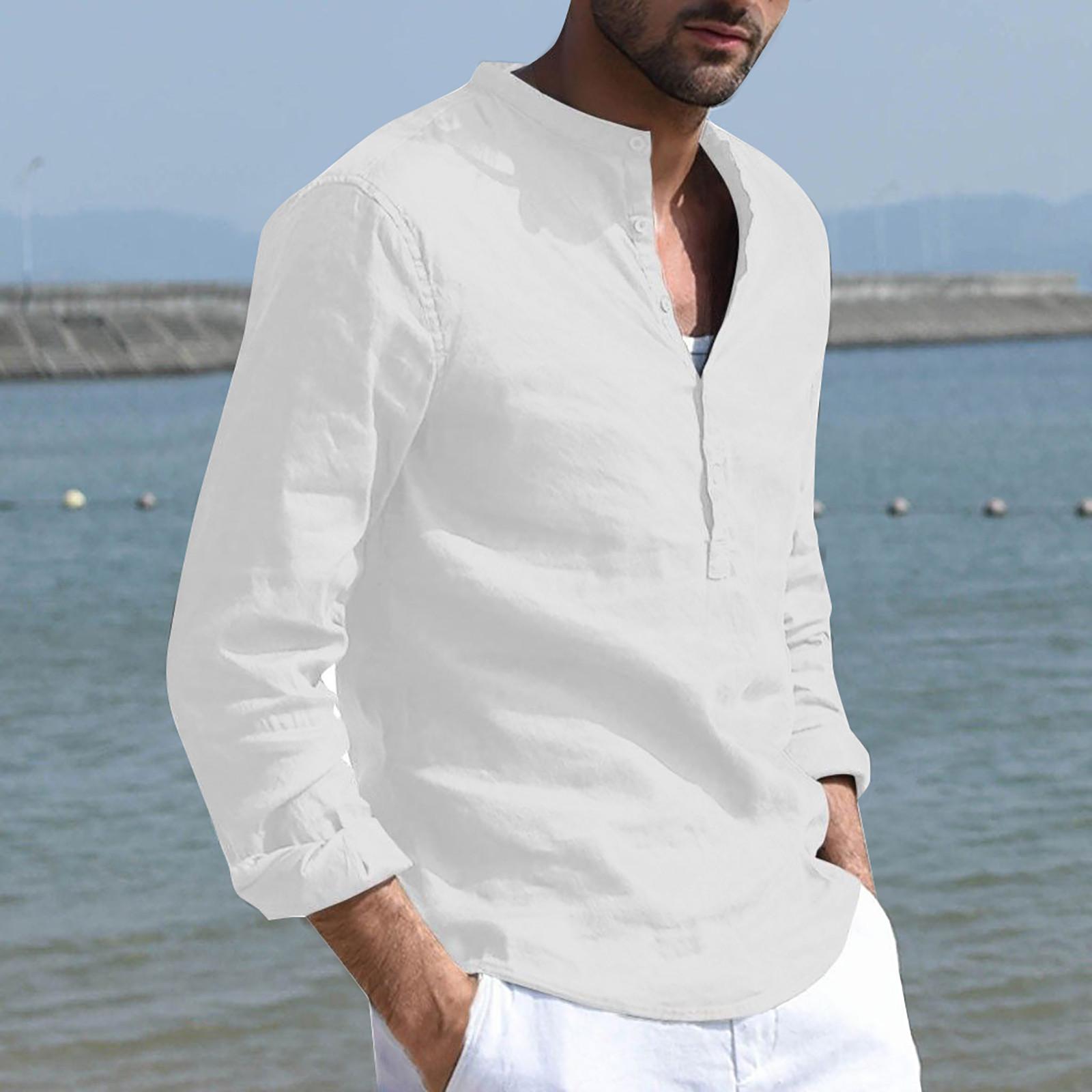 

Designer Spring Summer Men s Casual Cotton Linen Color Long Sleeve Shirts Loose Stand Collar Shirts M білий