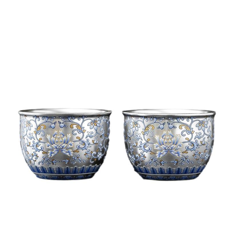 Retro Blue & White Ceramic Silver-Plated Tea Cup - Kung Fu Tea Host's Tasting Bowl.