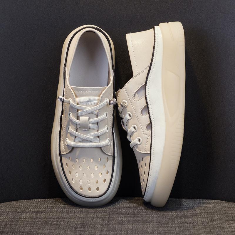 Fashion GKTINOO Loafers Ladies Genuine Leather Large Size Summer Hollow Lace-up White Shoes Women Fashion Casual Soft Sole Flat Shoes