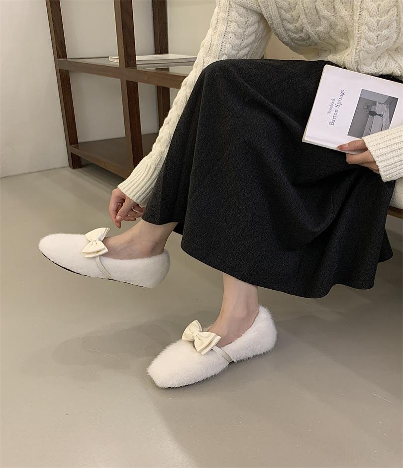 2025 autumn and winter new double bow fluffy shoes velvet cotton shoes wear flat shoes one pedal