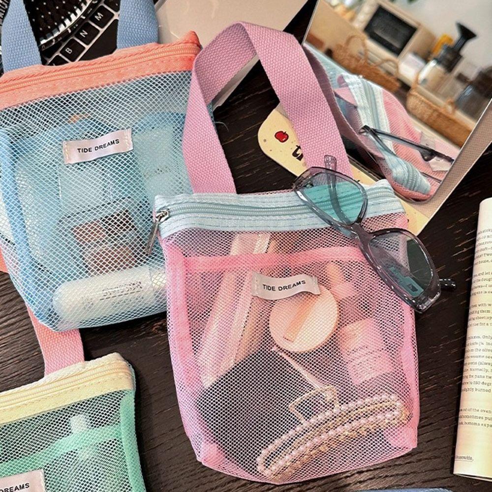 Portable Mesh Toiletry Bag Transparent Makeup Bag Dopamine Beach Bag