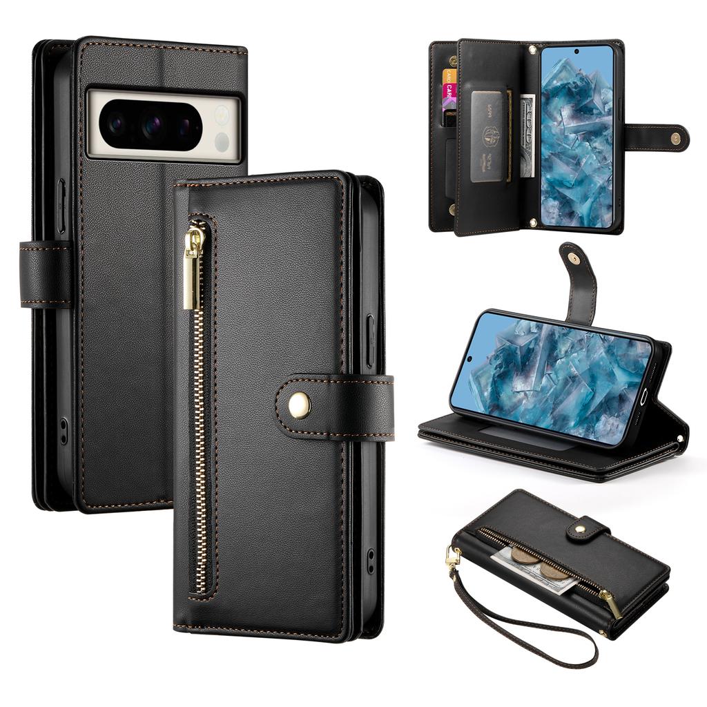 DF-011 For Google Pixel 8 Pro Case Card Slots PU Leather Zipper Pocket Phone Cover