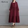 Korean Style Plus Size Spring Autumn Women Midi Dress O Neck Red Green Brown Burgundy Oversized Dress Lace Up Embroidery Cotton Dress