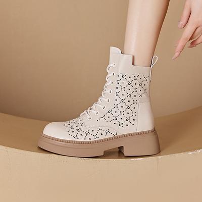 Spring Small Size Hollow Martin Boots for Women, Thick-soled Inner Height-increasing Women's Leather Boots, Lace-up Casual Women's Shoes