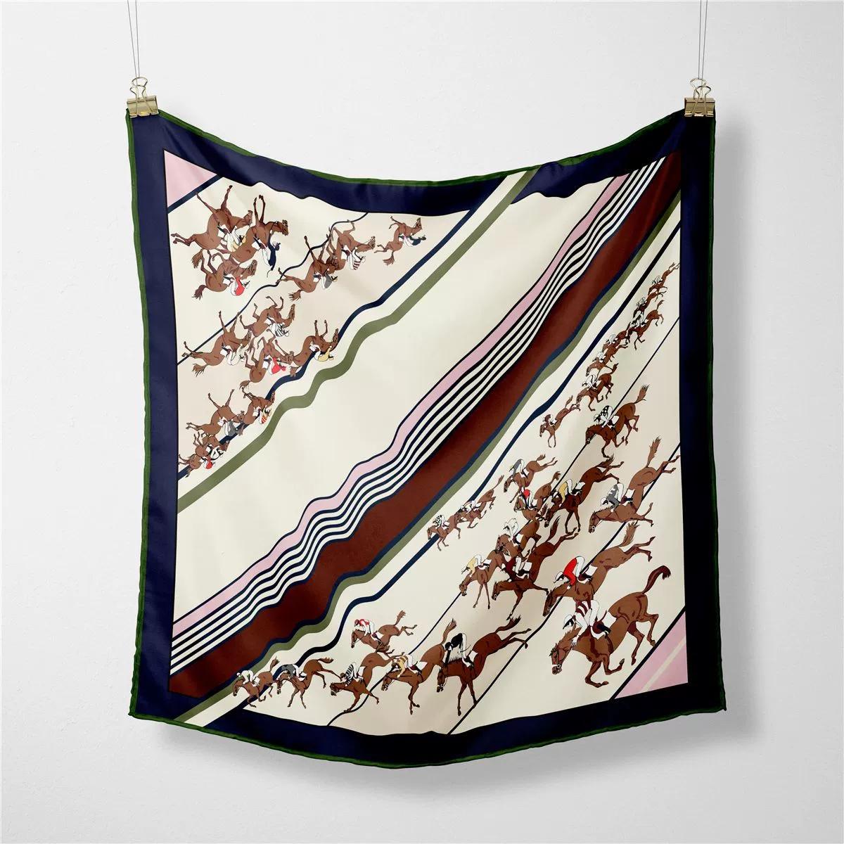 

53x53cm European Horse Racing Small Square Scarf Hot Twill Silk Foulard Hijabs For Women 53x53cm