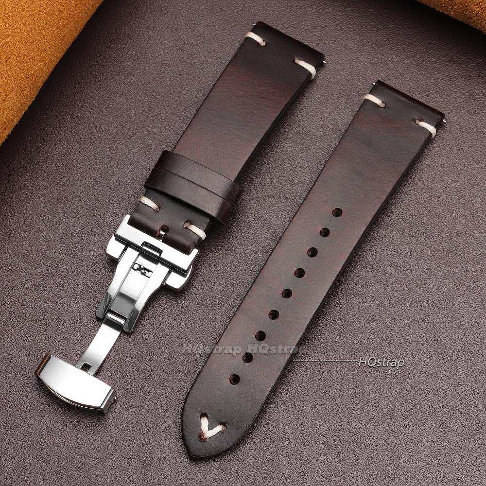 Vintage 18mm 20mm 22mm Cowhide Watch Strap Quick Release Wrist Band Butterfly Buckle Leather Bracelet Stitching Brown Straps