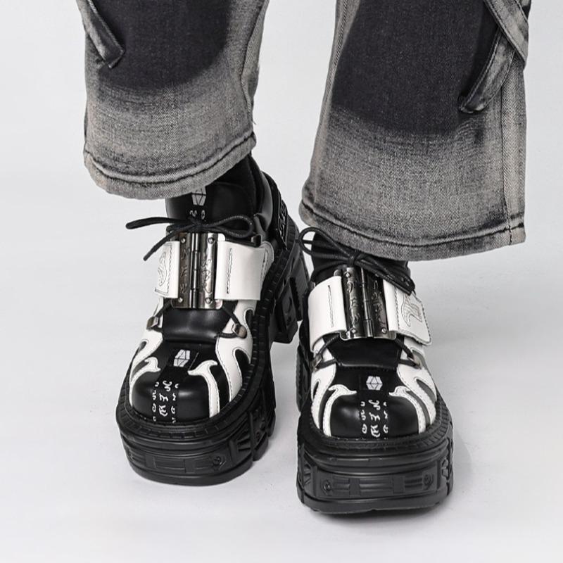 Fashion Shoes for Women Black Leather Casual Shoes Dark Punk Rock Platform Shoes Men's Women's Chunky Sneaker Metal Locomotive Men Boots