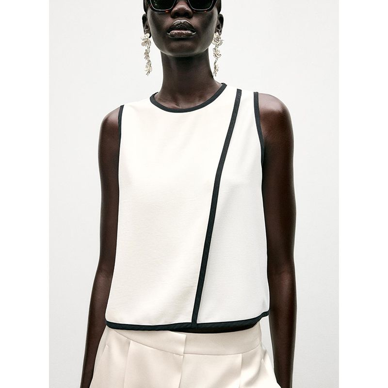 Summer New Women Clothes Simple Back Split Contrast Color Trim Crepe Round Neck Sleeveless Top 1971059