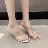 Fashion New Summer Slippers Women's Fashion Square Head Open Toe Rhinestones with A Slip-on Non-slip Wear-resistant High Heels