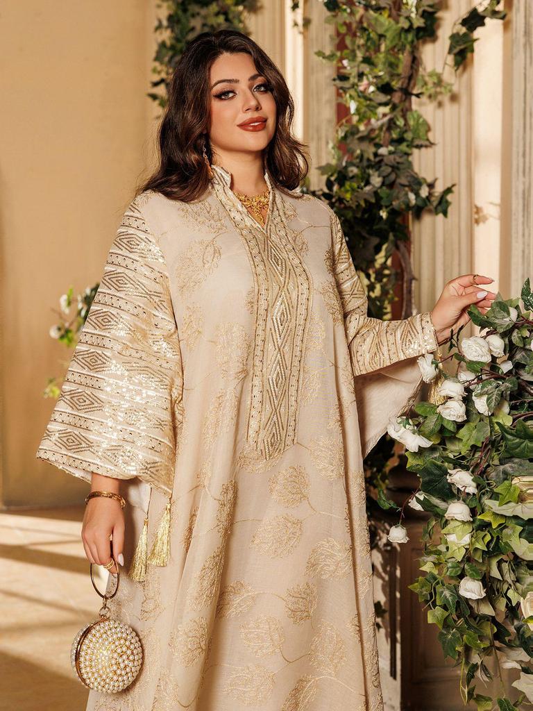 AB423 Plus Size Women's Embroidered Sequin Robe Dress - Middle Eastern, European, American Style