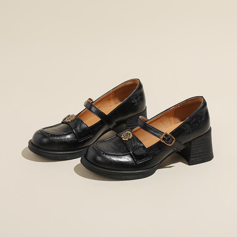 

British style camellia Mary Jane women s shoes high heel one-word buckle belt small leather shoes spring and summer thick heel round head light mouth 35 чёрный