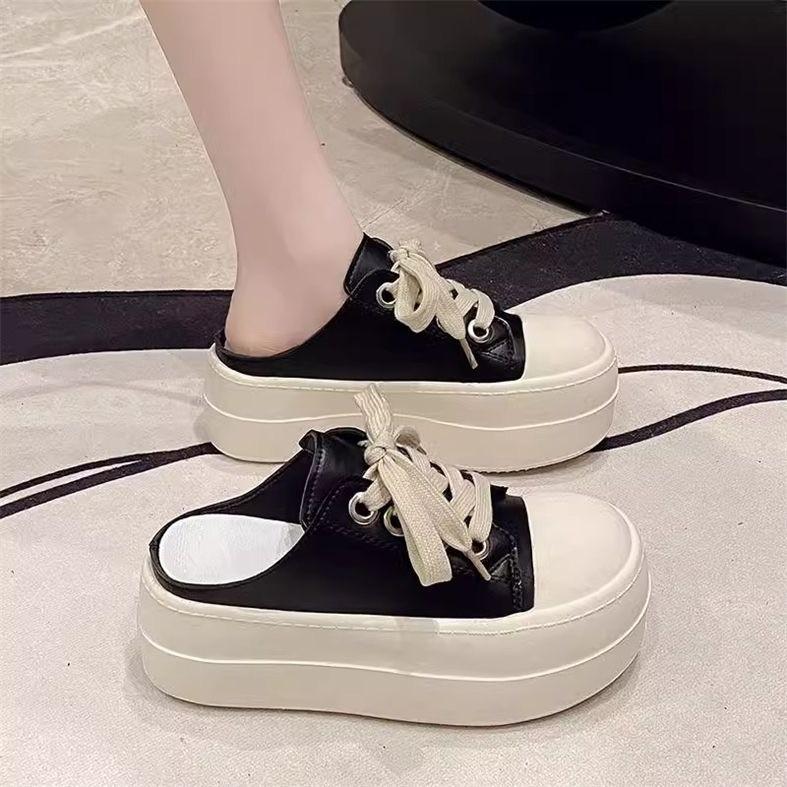 Muffin Thick-soled Heightening Little White Shoes Bag Head Half Slippers Women's 2025 New Spring and Autumn One-pedal Office Casual Board Shoes