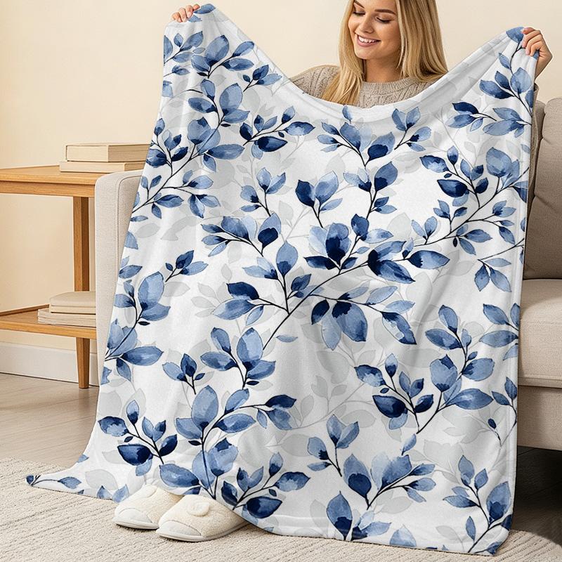 Soft Flannel Fleece Blanket,High-Density Plush, Blue Watercolor Leaves Series, Skin-Friendly, Warm & Decorative for Home Use, Christmas Halloween