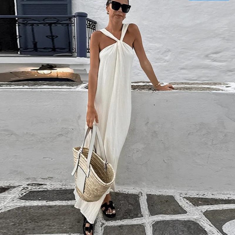 White Halter Dress Loose Off Shoulder Solid Color Causal Sleeveless Dresses Women's Vacation Beach Robe Simple Daily 2025 Summer