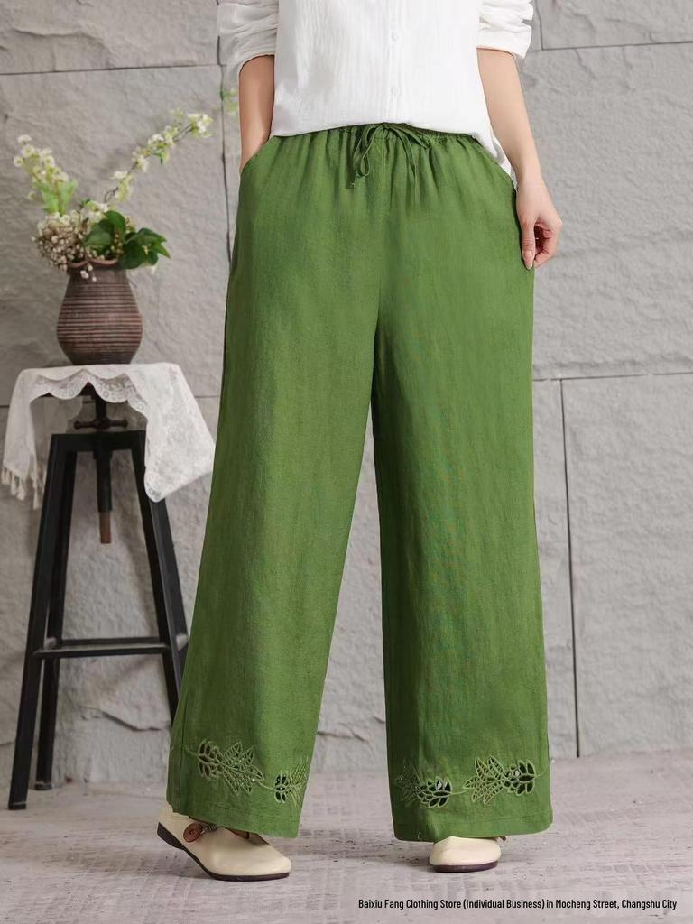 2026 Women's Summer Linen Wide-Leg Straight-Leg Slimming Casual Pants - Lightweight, Breathable, Large Size, Simple Fashion