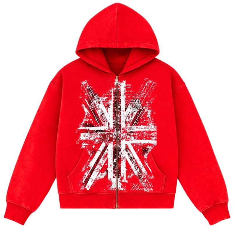 Mens Red Union Jack Print Hoodie Loose Fit Casual Streetwear All Genders