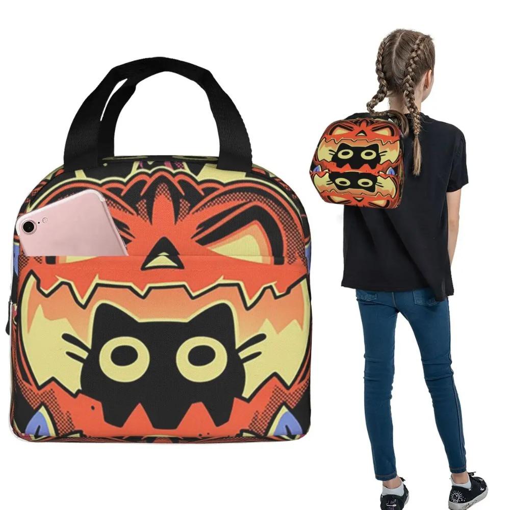 Cartoon Black Cat And Pumpkin Halloween Insulated Lunch Bag for Women Children Leakproof Food Boxes Thermal Lunch Box Tote