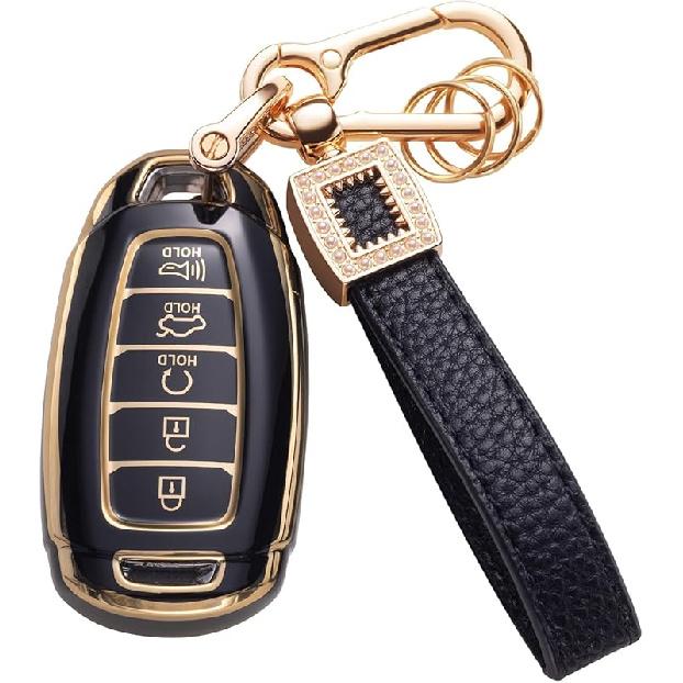 for Toyota Key Fob Cover with Leather Lanyard, Car Key Fob Case Compatible with 2018- Camry RAV4 Highlander Avalon C-HR Prius Corolla GT86 Smart Key