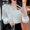 V-neck Long Sleeve Pleated Ruffled Lace Blouse 2023 Elegant Women Sweet Simple Chiffon Shirt Ladies Casual Loose Top Mujer 29723