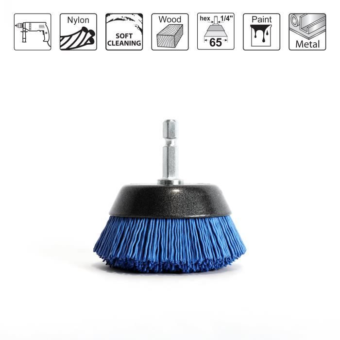 Brosse soucoupe en nylon fin pour bois et métal - s&amp;r - 65 mm - queue 6 pans 1/4" (6,35 mm)