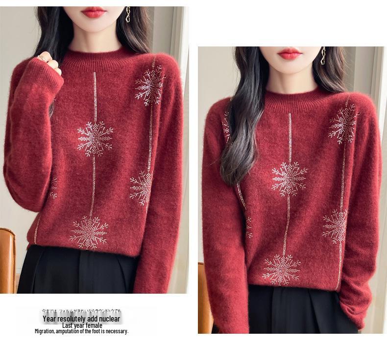 Women's Elegant Snowflake Rhinestone Half-High Collar Sweater - Velvet Loose Knit Pullover Base Layer for Autumn and Winter