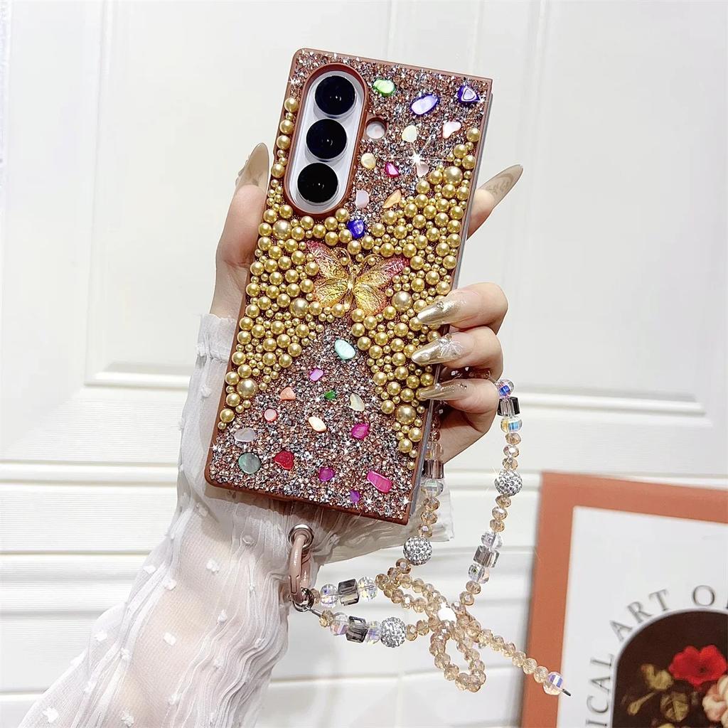 Bling Butterfly Bracelet Chain Phone Case for Samsung Galaxy Z Fold 7 6 5 4 Protective Cover with Strap