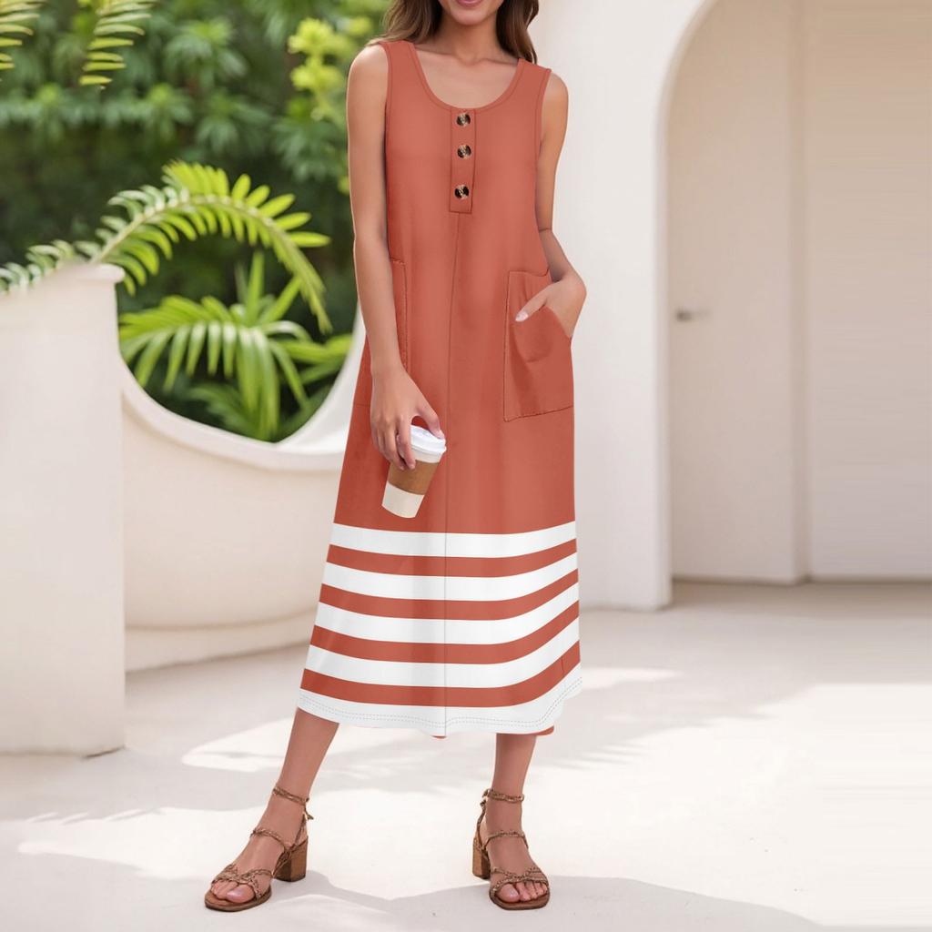 Women's Summer Casual Fashion Stripe Printed Sleeveless Button Casual Maxi Dress