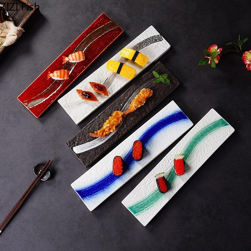 Vintage Ceramic Cooking Dish Creative Rectangular Sushi Plate Japanese Restaurant Food Decoration Dessert Plate Tableware