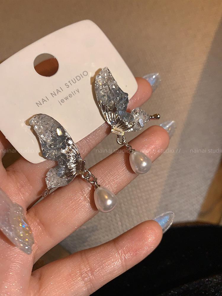 S925 Silber Kristall Schmetterling & Perlen Ohrringe - Elegant und Trendig Damen Leichter Luxus