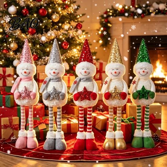Festive Party Supplies Christmas Plush Snowman with Extendable Legs, Sequins Hat Holding Star Dolls Doll, Standing Long Legs Xmas Decoration