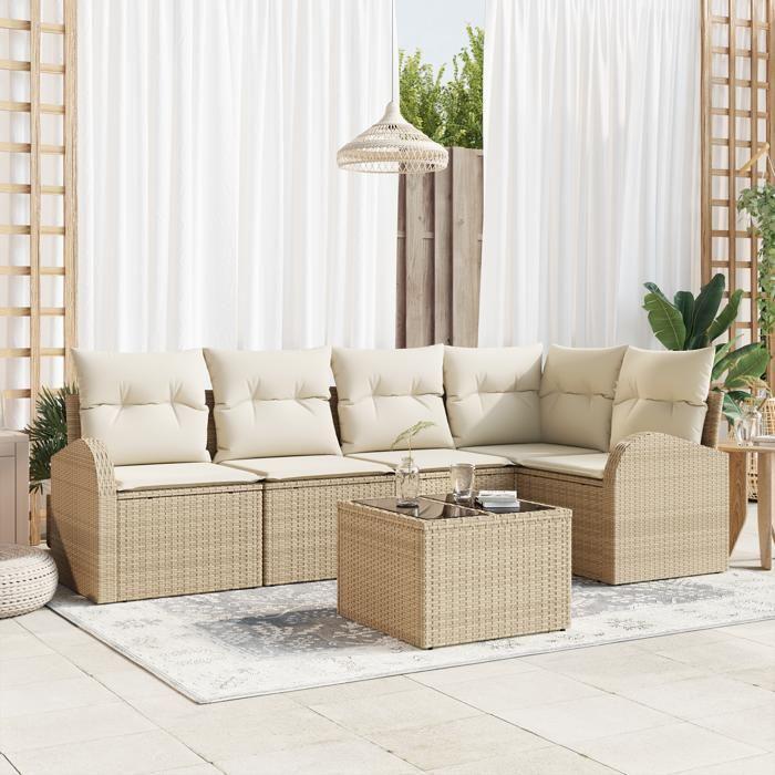 Ensemble de 6 pièces de canapés de jardin avec coussins en poly rotin marron, Canapé de jardin 2 places avec rangement et 3354720