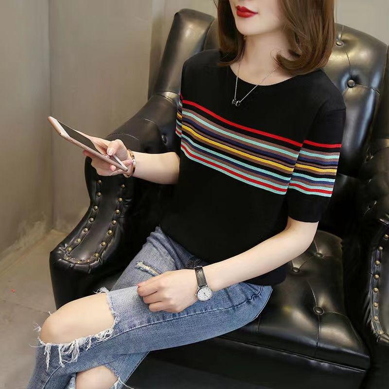 

Футболка с короткими рукавами из шелка с радужными полосками, утягивающая короткая футболка, новый китайский стиль 2XL чёрный