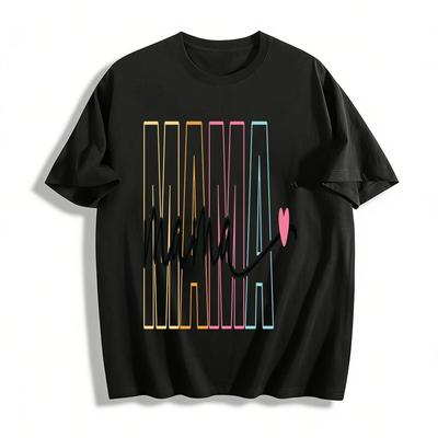 Colorful MAMA Print Heart Decor Casual T-shirt Pure Cotton T-shirt