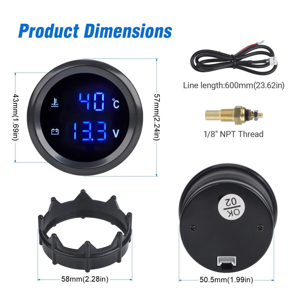 52mm Car Digital Turbo Boost Gauge Oil Pressure Gauge LED Double Display Water Temperature Voltage Gauge Fit for 12v/24v Cars
