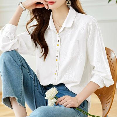 Apricot Embroidered Shirt for Women Long-sleeved Spring and Autumn Color Button Doll Collar Top Pure Cotton Embroidered Shirt