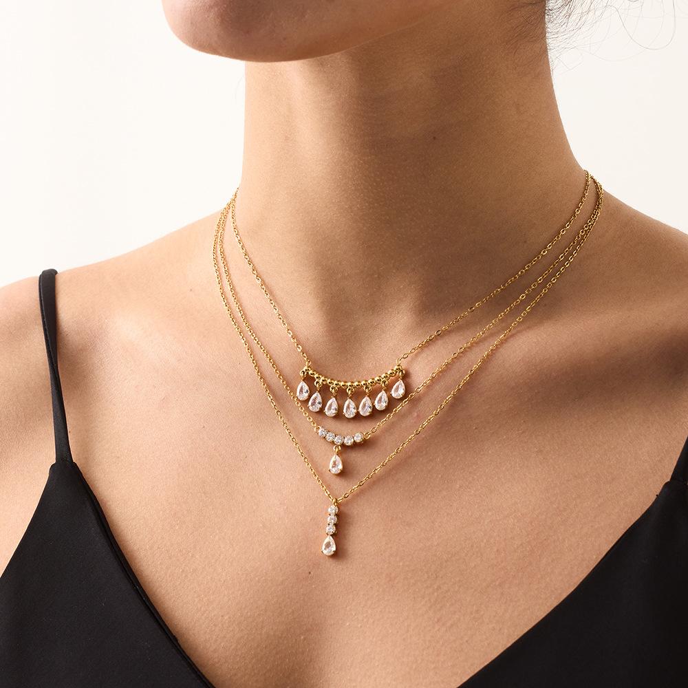 Explosive Stainless Steel Zircon Water Drop Geometric Zircon Pendant Necklace Plated with 18K Gold Waterproof Light Luxury Jewelry Women