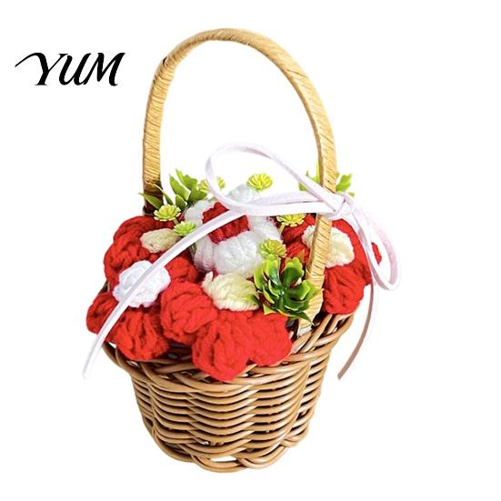 Handmade Woolen Flower Decor Hand Knitted Wool Basket, Decorative Mini Crocheted Floral with Gifts for Special Occasions Ribbon, Plant Ornament
