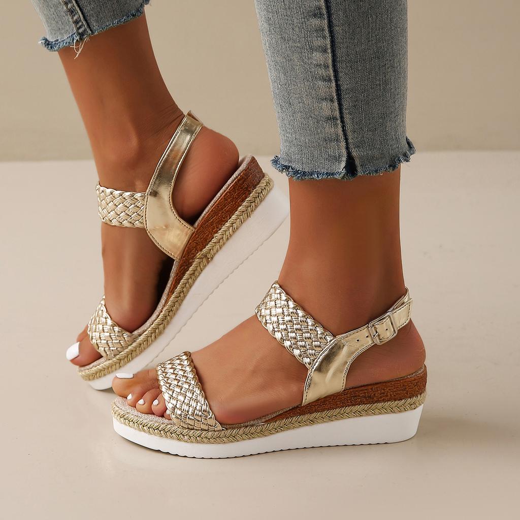 Straw hemp rope wedge heel light sandals women's thick sole one-word buckle beach sandals
