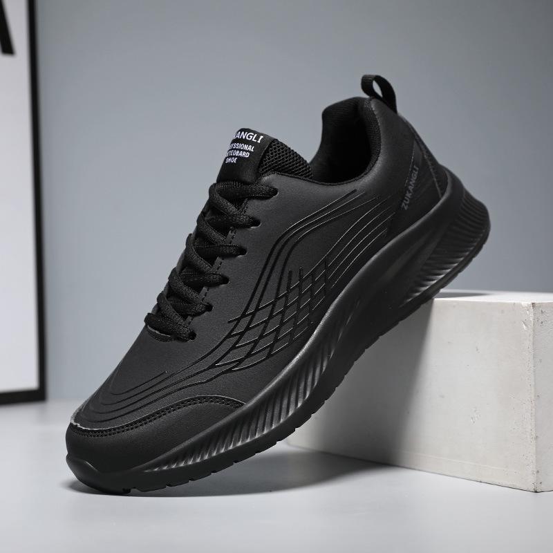Men's Black Waterproof Leather Running Shoes - Autumn Lightweight, Shock-Absorbing, Versatile Casual Sneakers