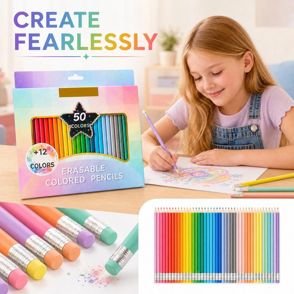 Erasable Colored Pencils with Eraser Tips, 50 Count for Kids and Adults, School Supplies for Drawing and Coloring