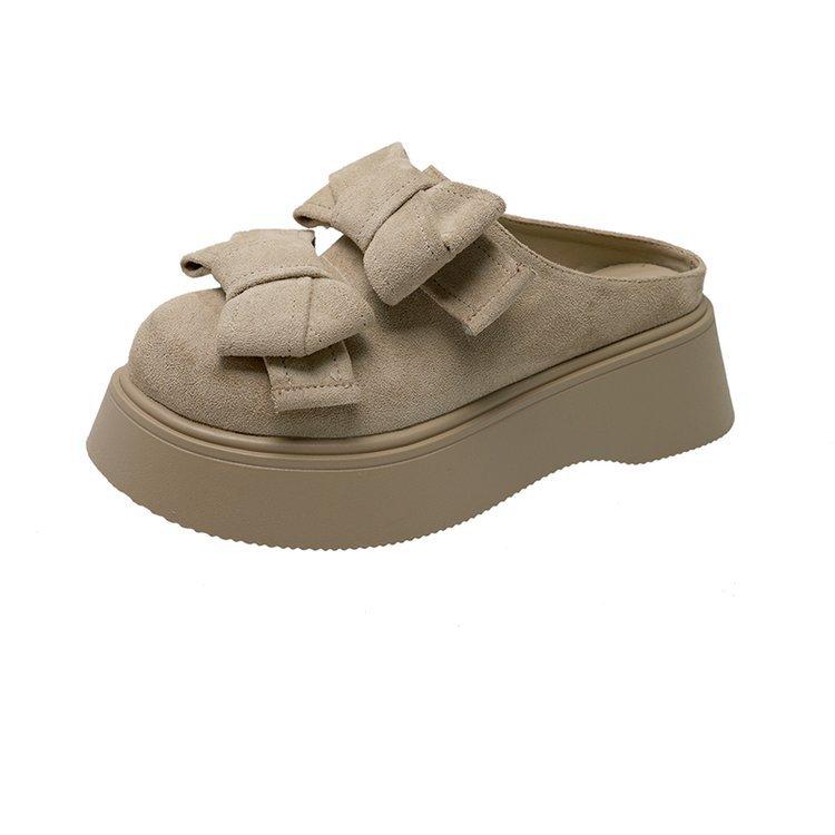 Fashion 2025 New Round Head Waterproof Table Slipper Women's Fashion Wrap Head Deep Mouth Flannelette Butterfly Knot Non-slip Flat Shoes