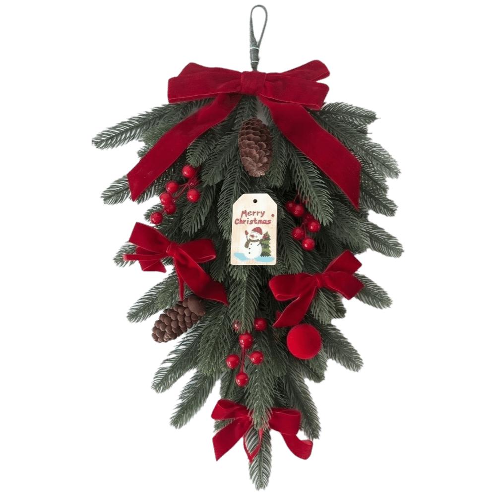 Teardrop Shape Christmas Swag Flexible Bendable With Bells Artificial Pine Garland With Pine Cones With Bowknot Teardrop Wreath
