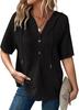 Womens Summer Waffle Knit Short Sleeve Hooded V Neck Button Drawstring Loose Shirt