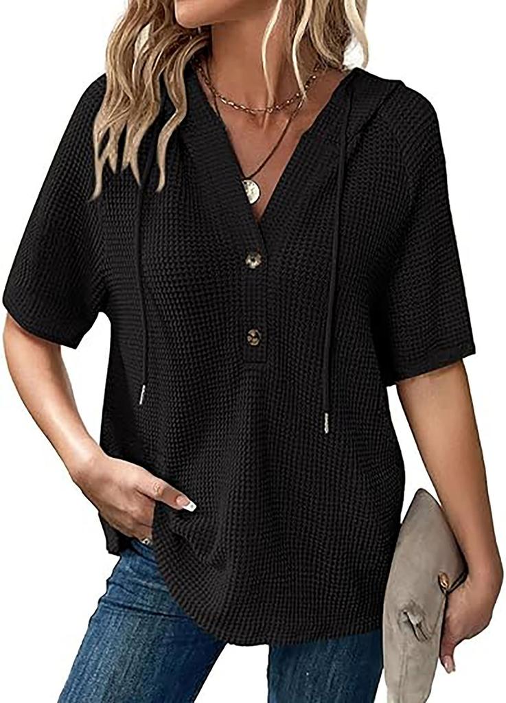 Womens Summer Waffle Knit Short Sleeve Hooded V Neck Button Drawstring Loose Shirt