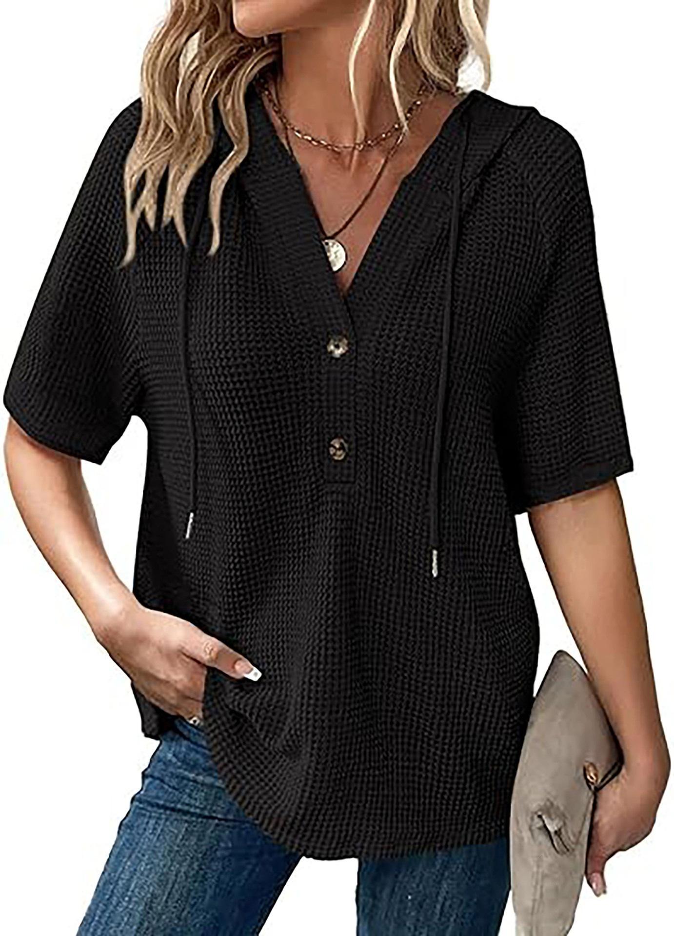 Womens Summer Waffle Knit Short Sleeve Hooded V Neck Button Drawstring Loose Shirt S чёрный