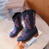Stivali Alti da Principessa per Bambina Autunno Inverno Stivali Lunghi in Denim per Bambina Stivali Western in Ecopelle Ricamati per Bambini Taglia 27-37