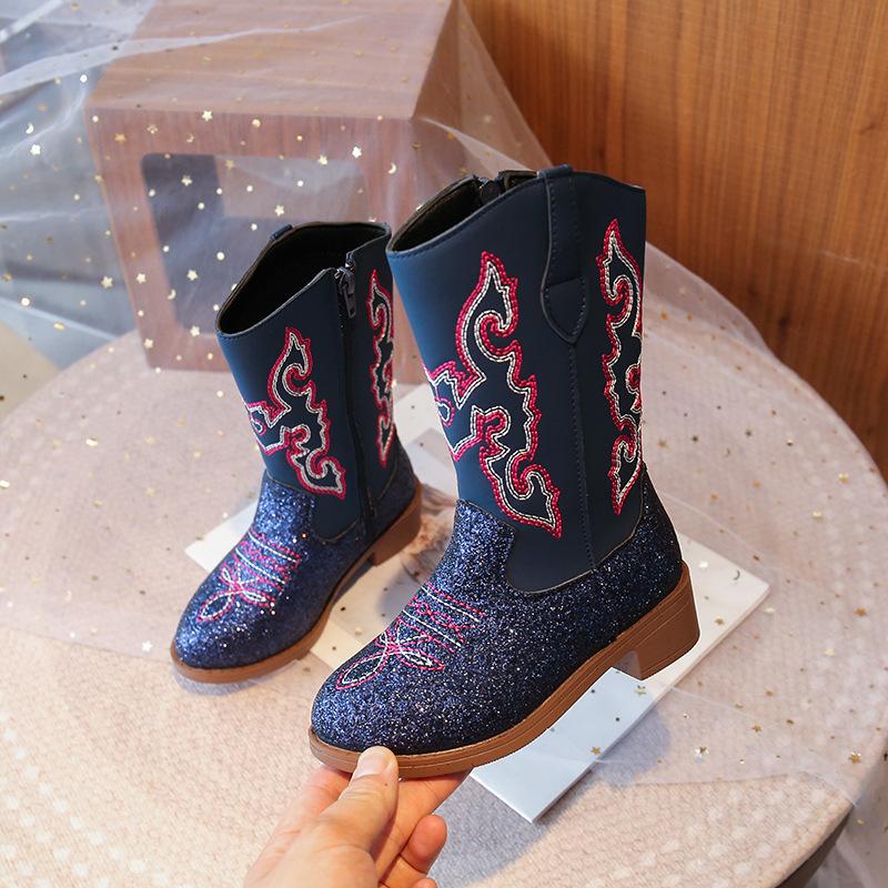 Stivali Alti da Principessa per Bambina Autunno Inverno Stivali Lunghi in Denim per Bambina Stivali Western in Ecopelle Ricamati per Bambini Taglia 27-37