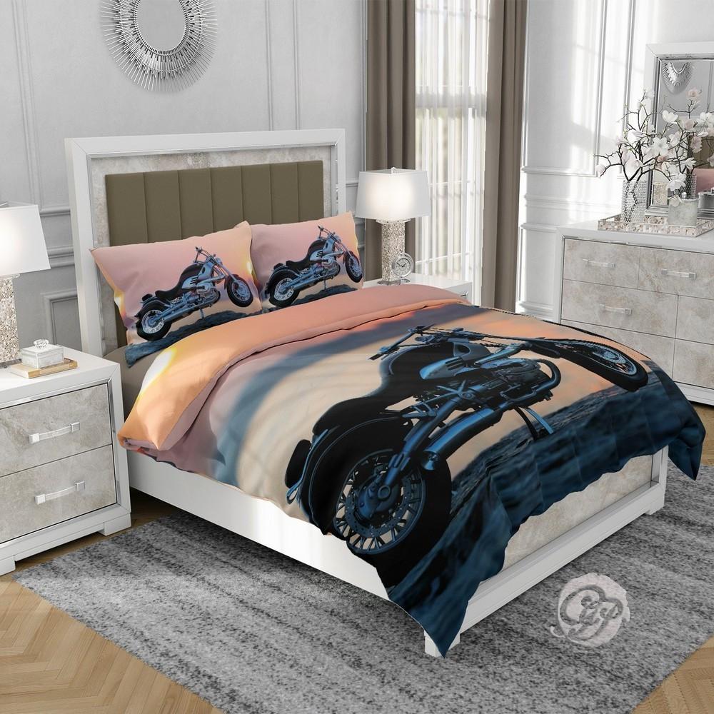 3D Baumwollsatin Bettwäsche 200x220cm MOTORRAD CHOPPER BEI SONNENUNTERGANG