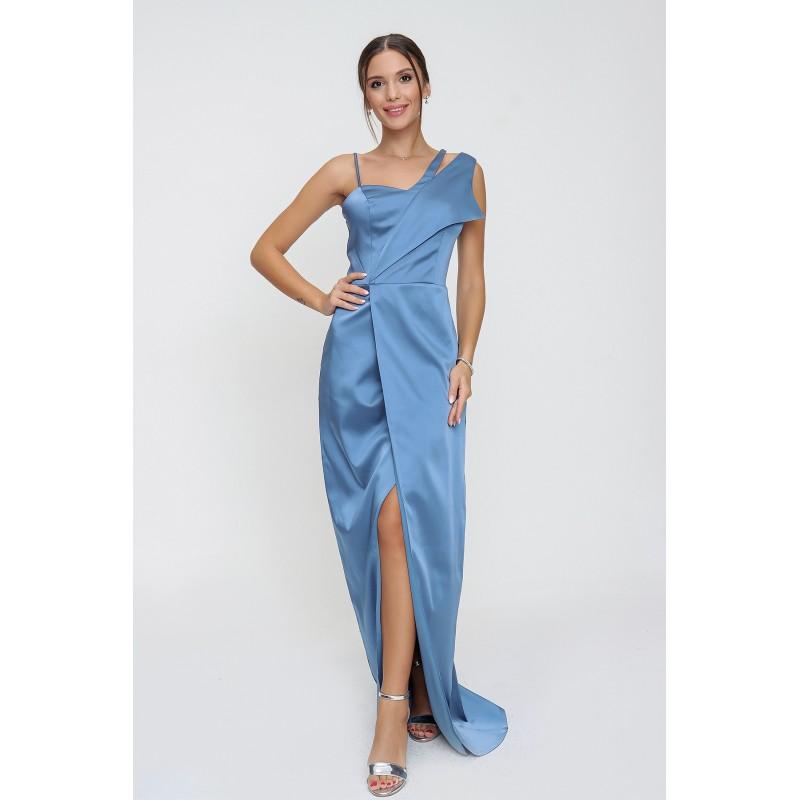 

Атласное вечернее платье с подкладкой из атласа на одном плечевом ремне с воротником-стойкой